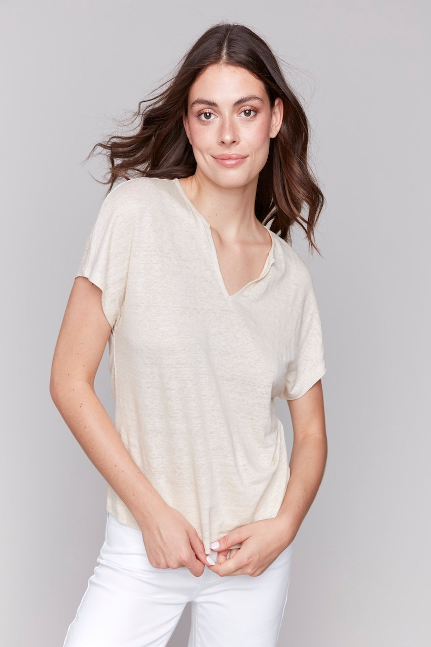 Charlie B. Linen Short Sleeve Top | C1396PK-253C